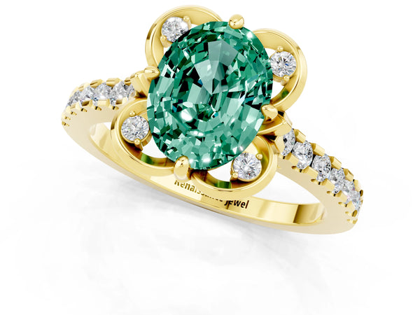 Yellow gold Oval Cut Green Sapphire Ring with Pavé Band and Floral Prong Setting