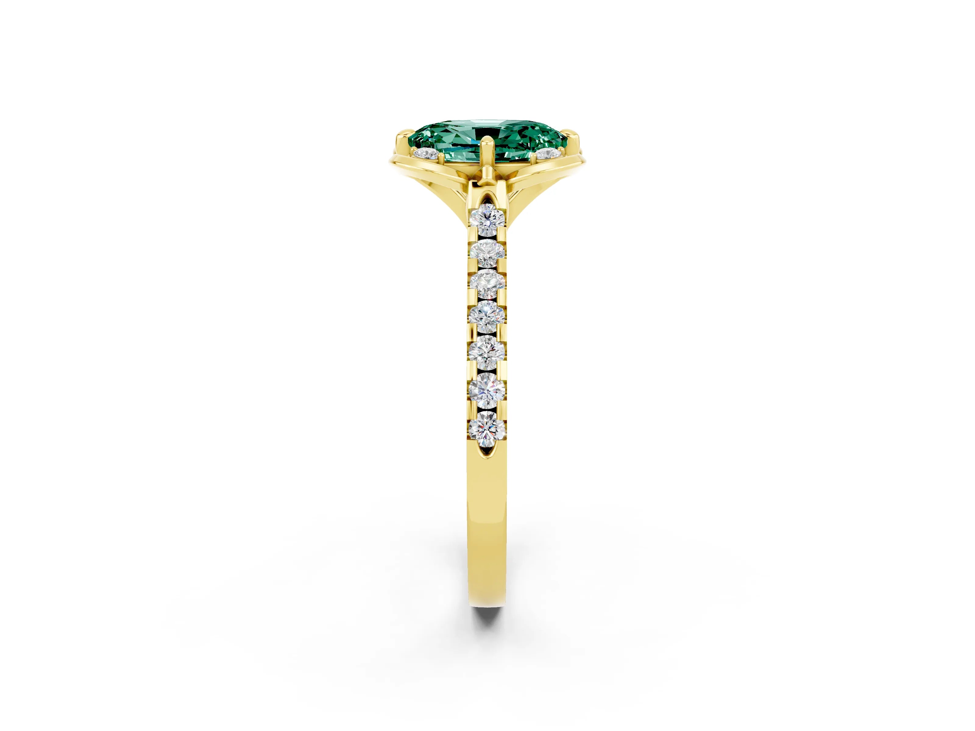 Yellow gold Oval Cut Green Sapphire Ring with Pavé Band and Floral Prong Setting_2