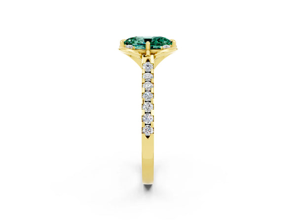 Yellow gold Oval Cut Green Sapphire Ring with Pavé Band and Floral Prong Setting