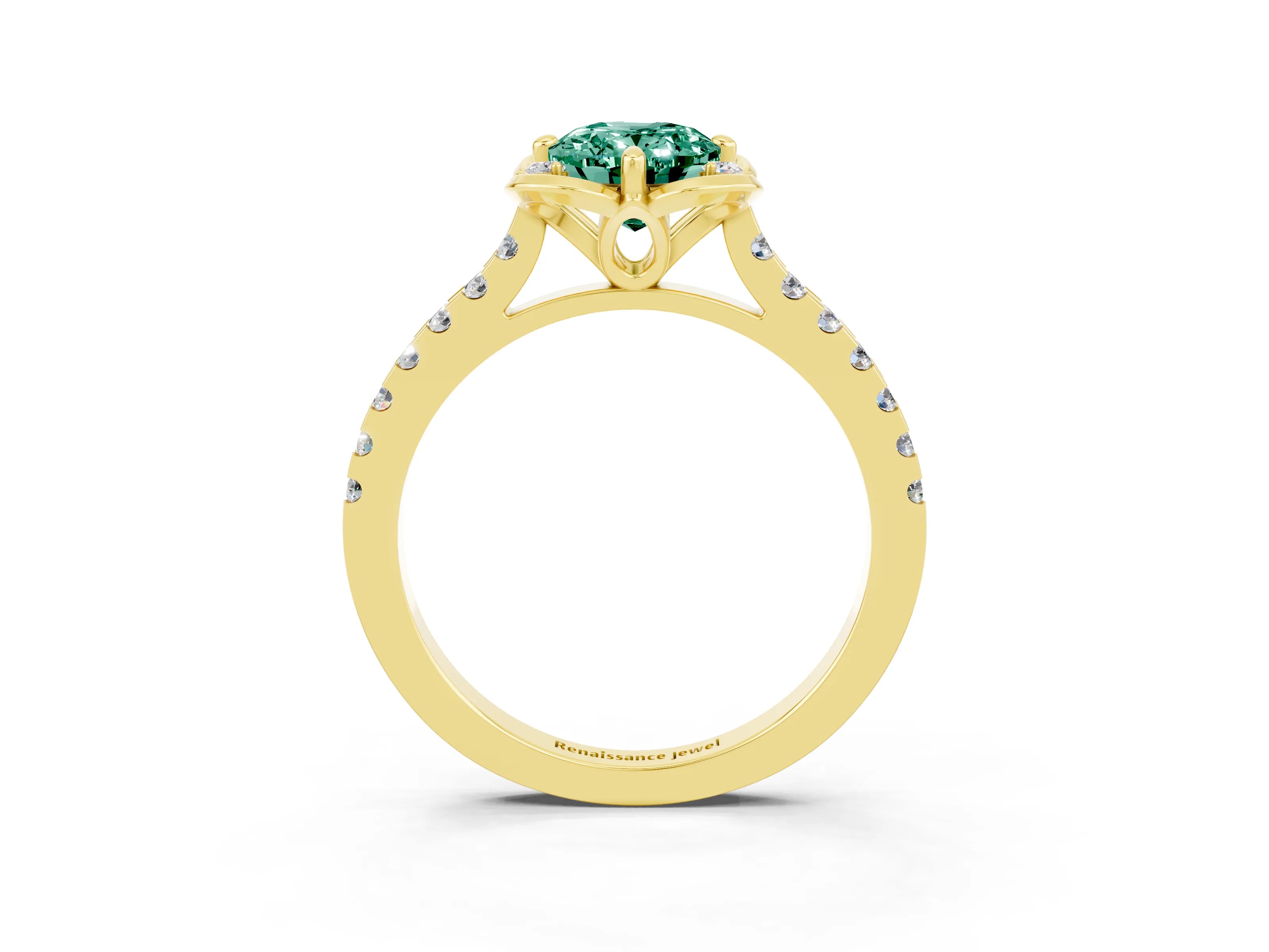 Yellow gold Oval Cut Green Sapphire Ring with Pavé Band and Floral Prong Setting_3