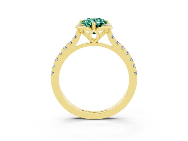Yellow gold Oval Cut Green Sapphire Ring with Pavé Band and Floral Prong Setting