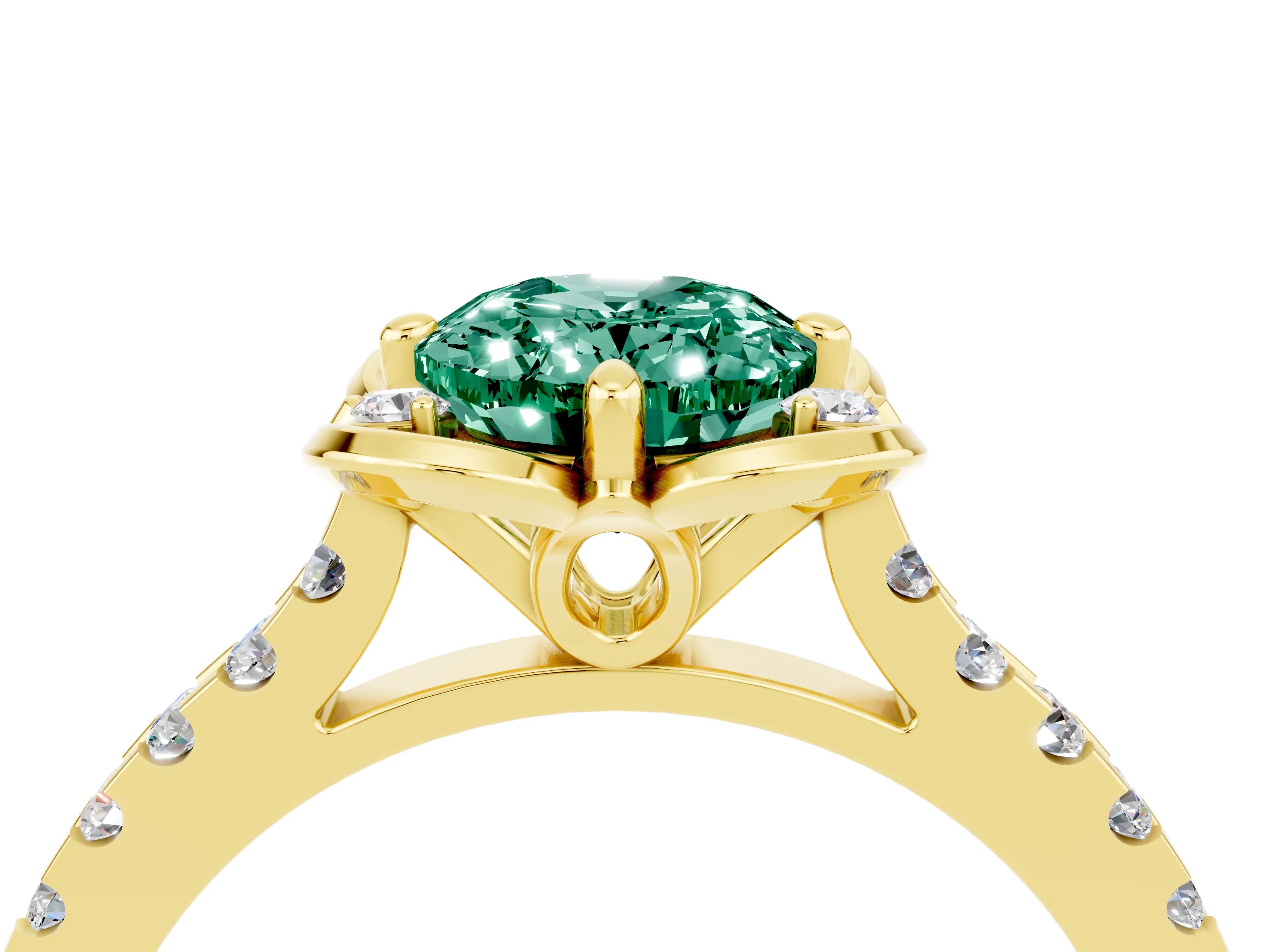 Yellow gold Oval Cut Green Sapphire Ring with Pavé Band and Floral Prong Setting_4