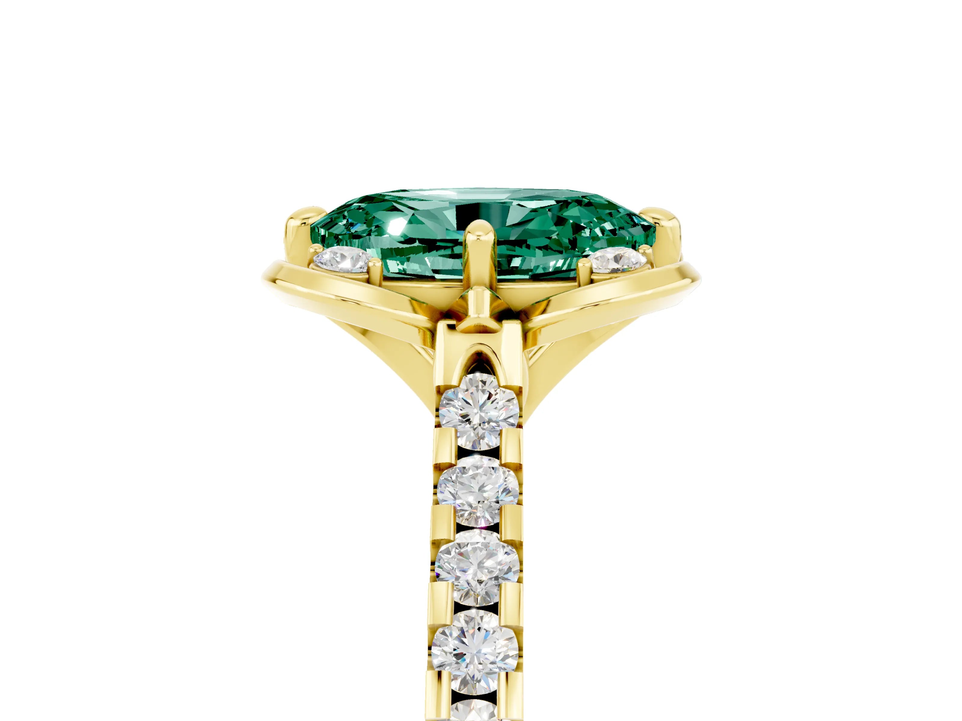 Yellow gold Oval Cut Green Sapphire Ring with Pavé Band and Floral Prong Setting_5