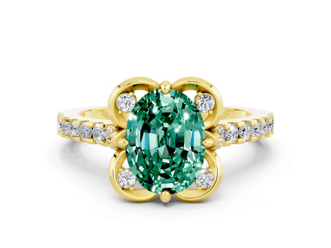 Yellow gold Oval Cut Green Sapphire Ring with Pavé Band and Floral Prong Setting