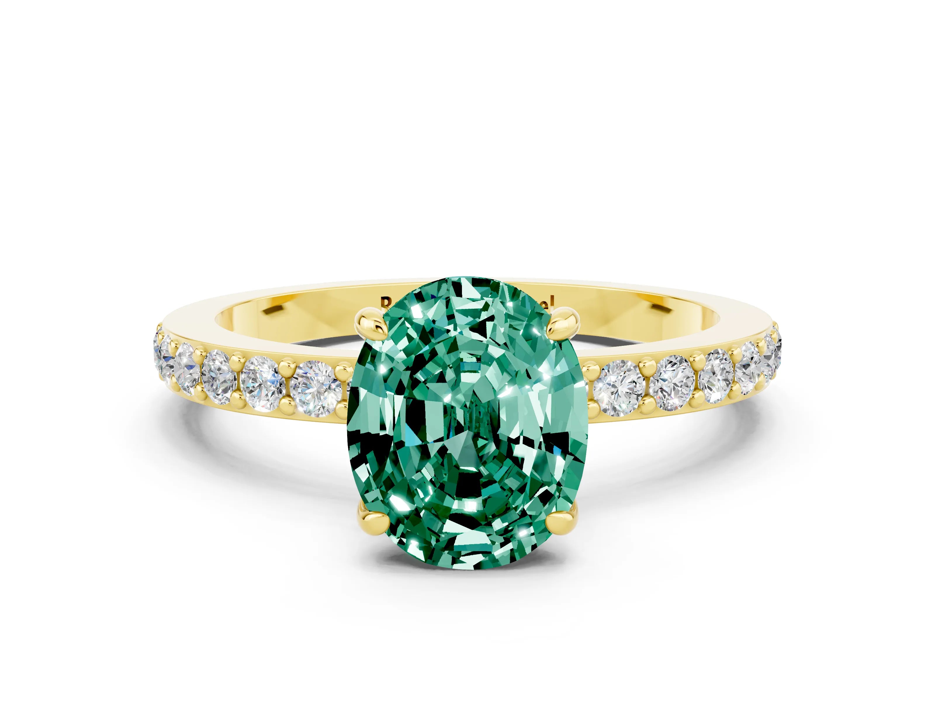 Yellow gold Oval Cut Green Sapphire Ring with Pavé Band and Four-Prong Setting