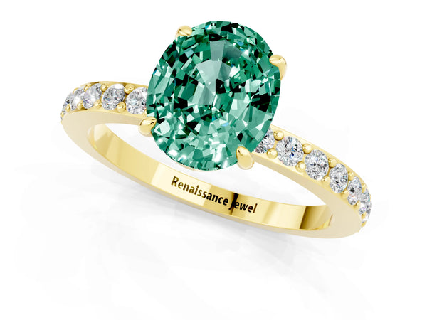Yellow gold Oval Cut Green Sapphire Pavé Engagement Ring with Round  Accents and Prong Setting
