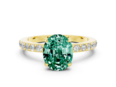 Yellow gold Oval Cut Green Sapphire Ring with Pavé Band and Four-Prong Setting