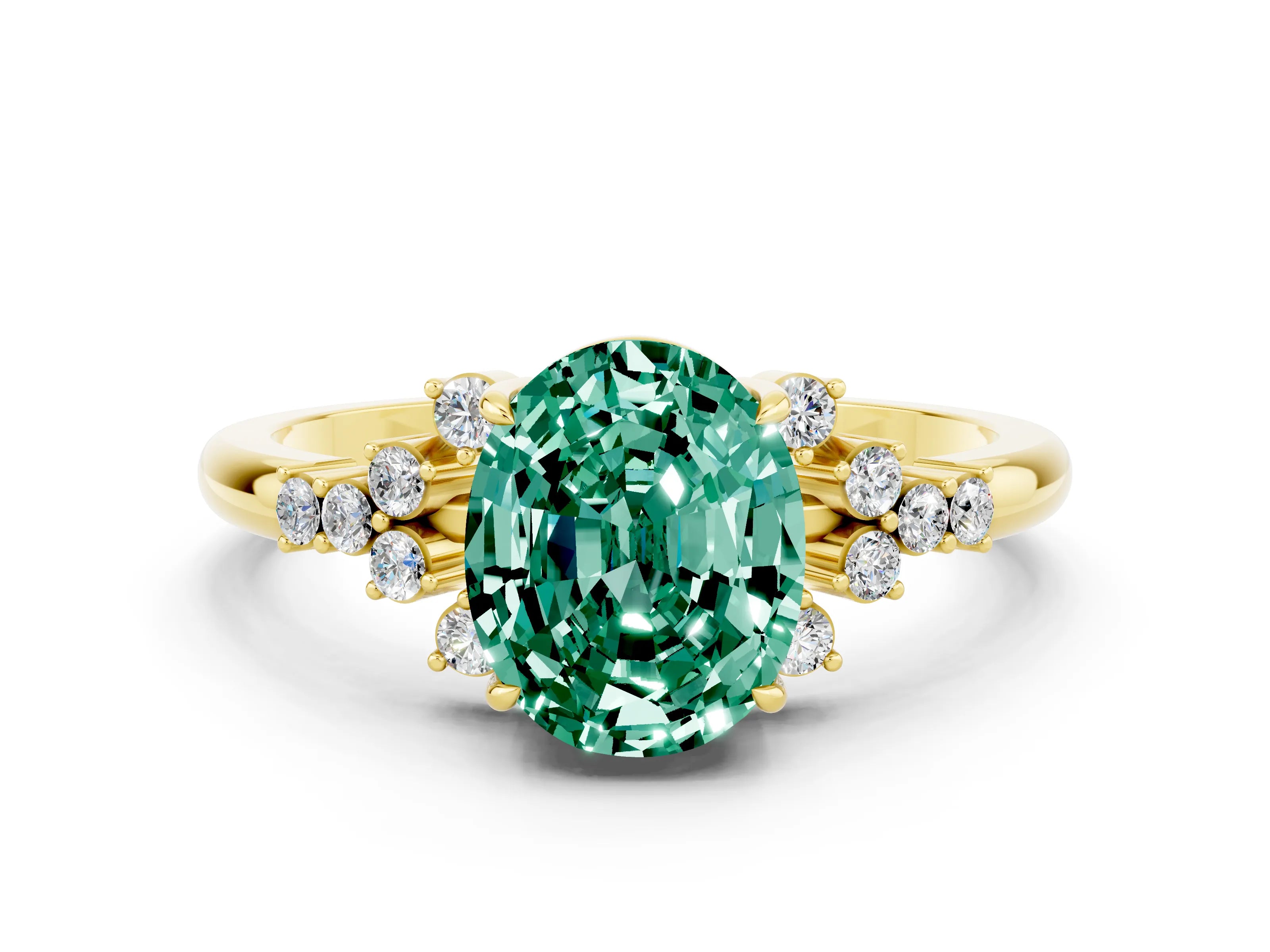Yellow gold Oval Cut Green Sapphire Ring with Side Stones and Four-Prong Setting_72