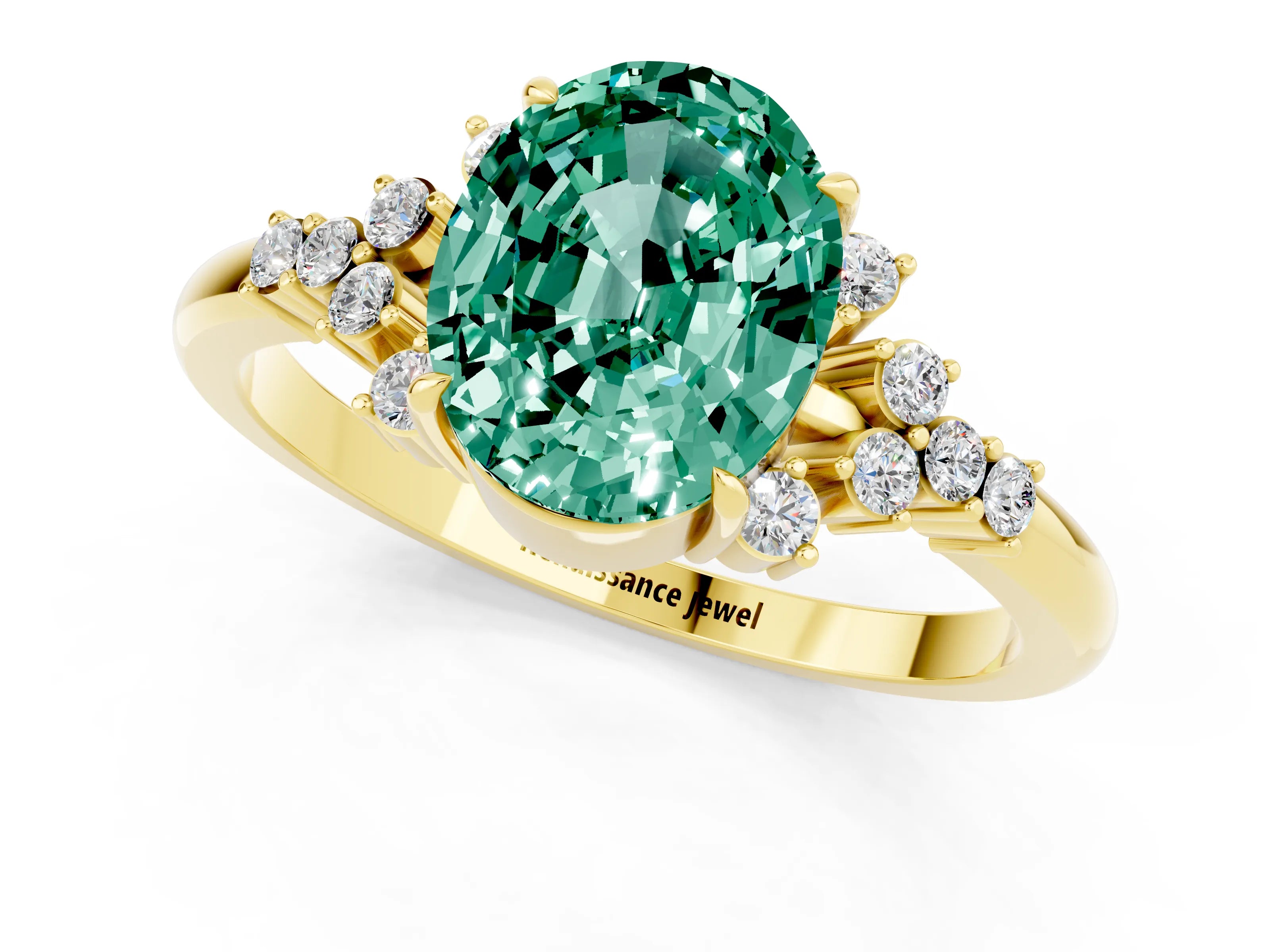 Yellow gold Oval Cut Green Sapphire Ring with Side Stones and Four-Prong Setting_73