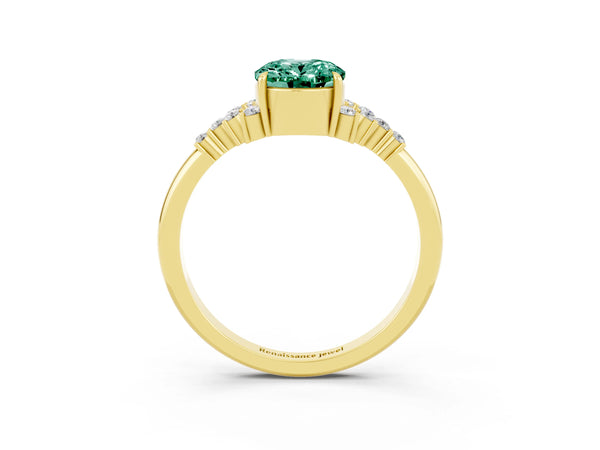 Yellow gold Oval Cut Green Sapphire Ring with Side Stones and Four-Prong Setting