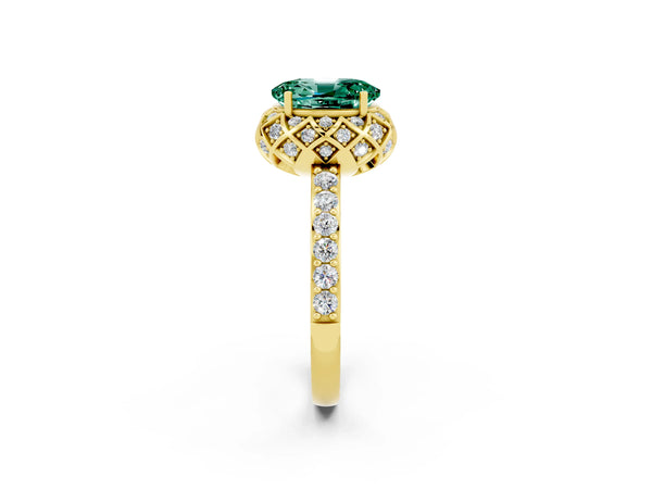 Yellow gold Oval Cut Green Sapphire Scalloped Halo Engagement Ring with Round Shared Prong Band