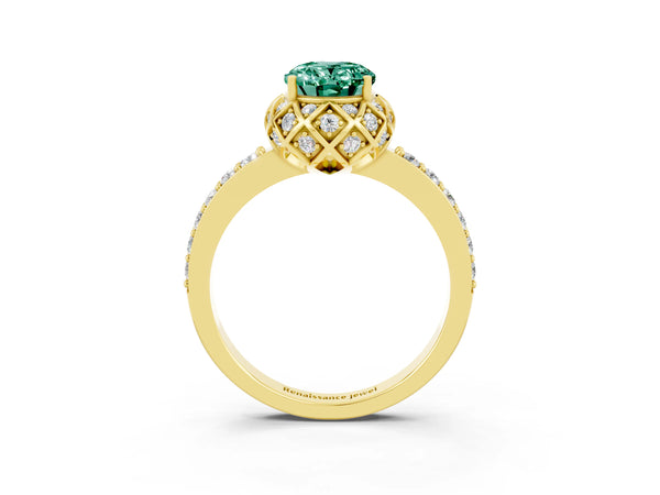 Yellow gold Oval Cut Green Sapphire Scalloped Halo Engagement Ring with Round Shared Prong Band