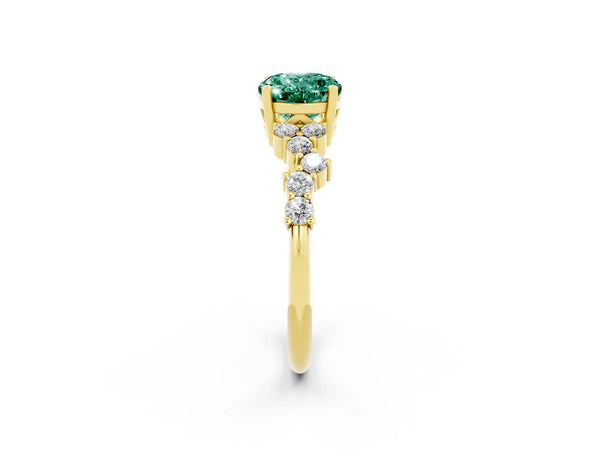 Yellow gold Oval Cut Green Sapphire Scattered Round Accent Ring with Prong Setting