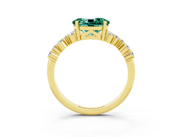 Yellow gold Oval Cut Green Sapphire Scattered Round Accent Ring with Prong Setting
