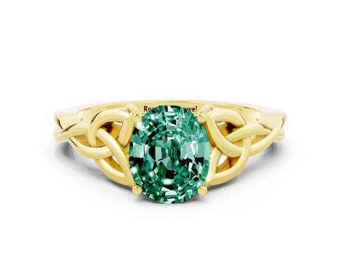 Yellow gold Oval Cut Green Sapphire Solitaire Celtic Knot Ring with Four-Prong Setting_12