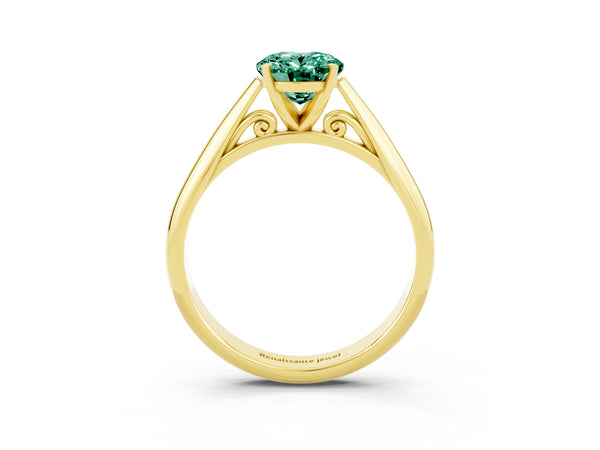 Yellow gold Oval Cut Green Sapphire Solitaire Engagement Ring with Cathedral Setting and Four-Prong Mount