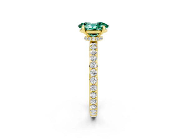 Yellow gold Oval Cut Green Sapphire Solitaire Engagement Ring with Pavé Band and Four-Prong Setting
