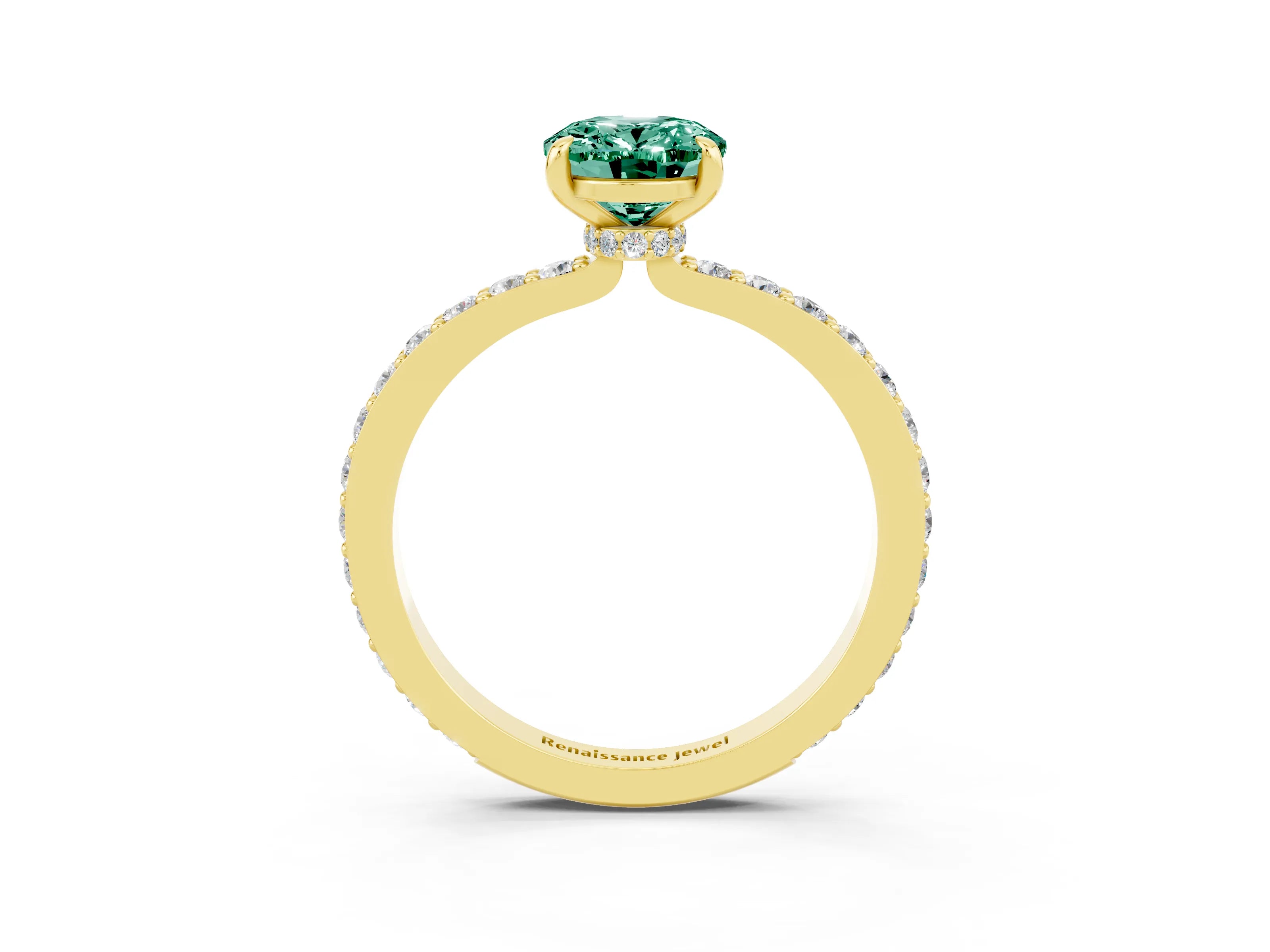 Yellow gold Oval Cut Green Sapphire Solitaire Engagement Ring with Pavé Band and Four-Prong Setting_3