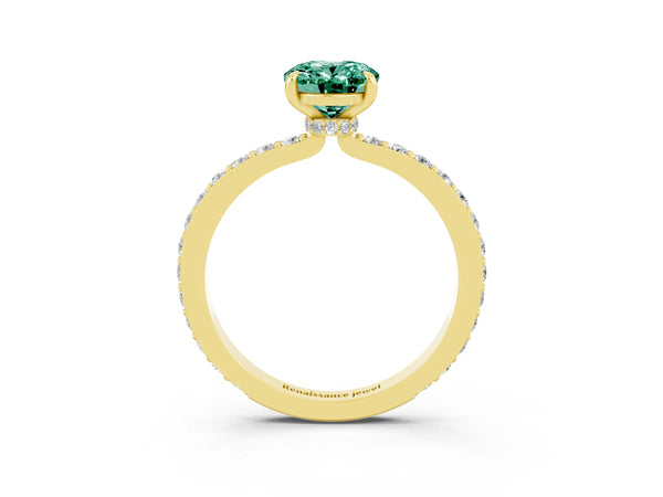 Yellow gold Oval Cut Green Sapphire Solitaire Engagement Ring with Pavé Band and Four-Prong Setting