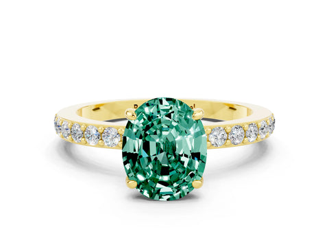Yellow gold Oval Cut Green Sapphire Solitaire Engagement Ring with Pavé Band and Four-Prong Setting