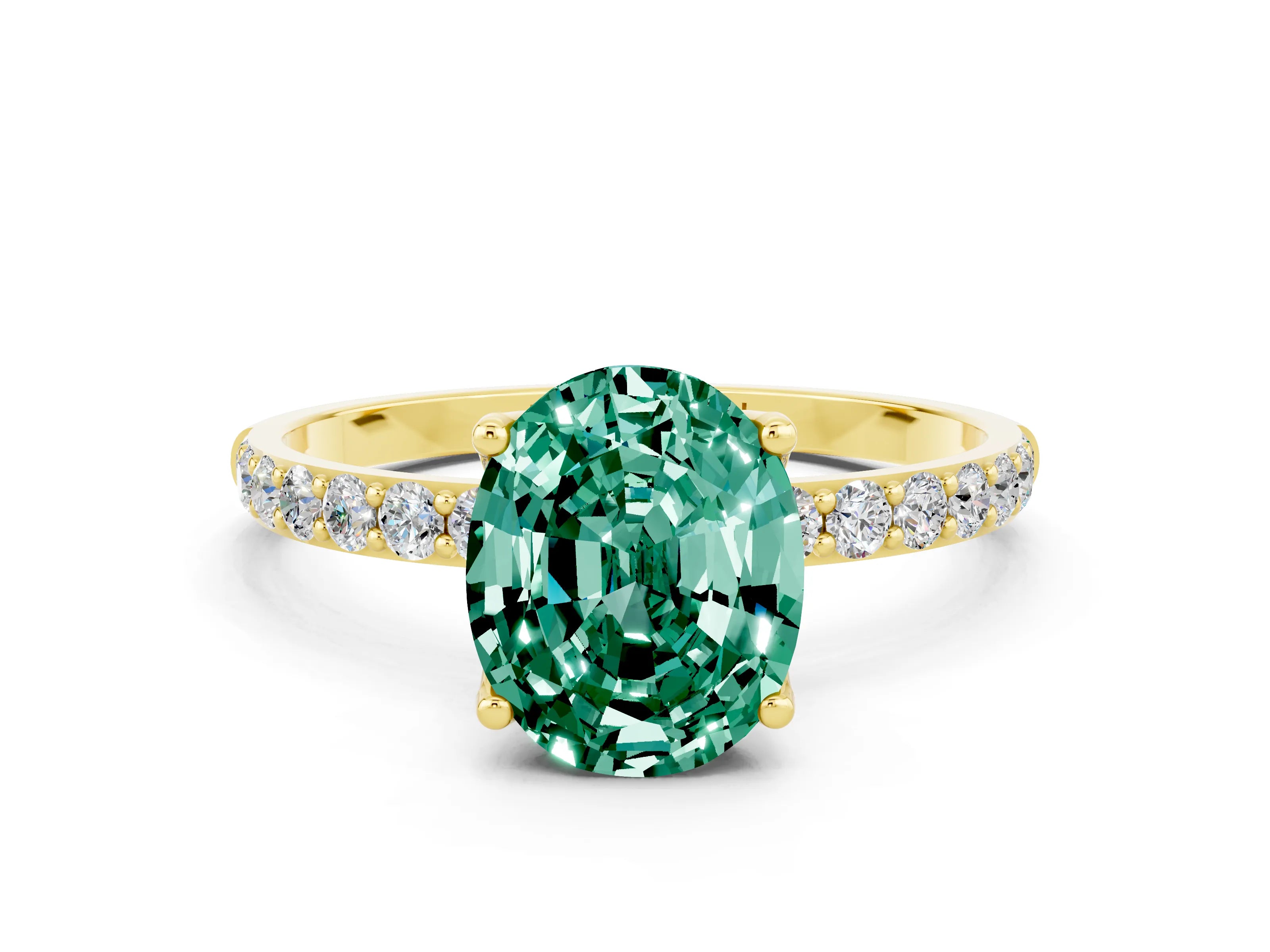 Yellow gold Oval Cut Green Sapphire Solitaire Engagement Ring with Pavé Band and Prong Setting