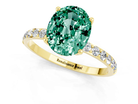 Yellow gold Oval Cut Green Sapphire Solitaire Engagement Ring with Pavé Band and Prong Setting_1