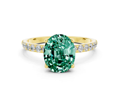 Yellow gold Oval Cut Green Sapphire Solitaire Engagement Ring with Pavé Band and Prong Setting