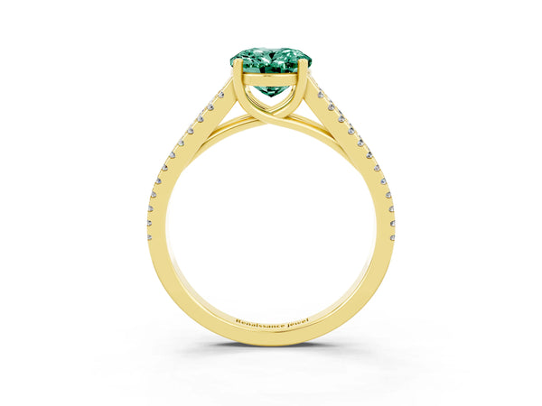Yellow gold Oval Cut Green Sapphire Solitaire Engagement Ring with Split Shank Pavé Band