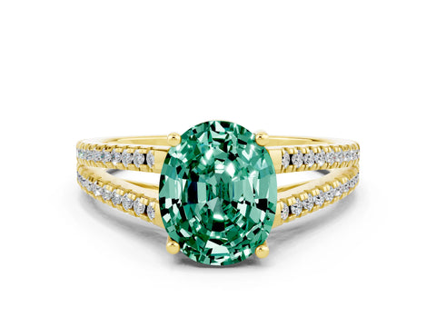 Yellow gold Oval Cut Green Sapphire Solitaire Engagement Ring with Split Shank Pavé Band