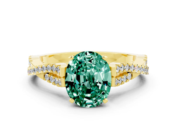 Yellow gold Oval Cut Green Sapphire Solitaire Engagement Ring with Twisted Pavé Band and Four-Prong Setting