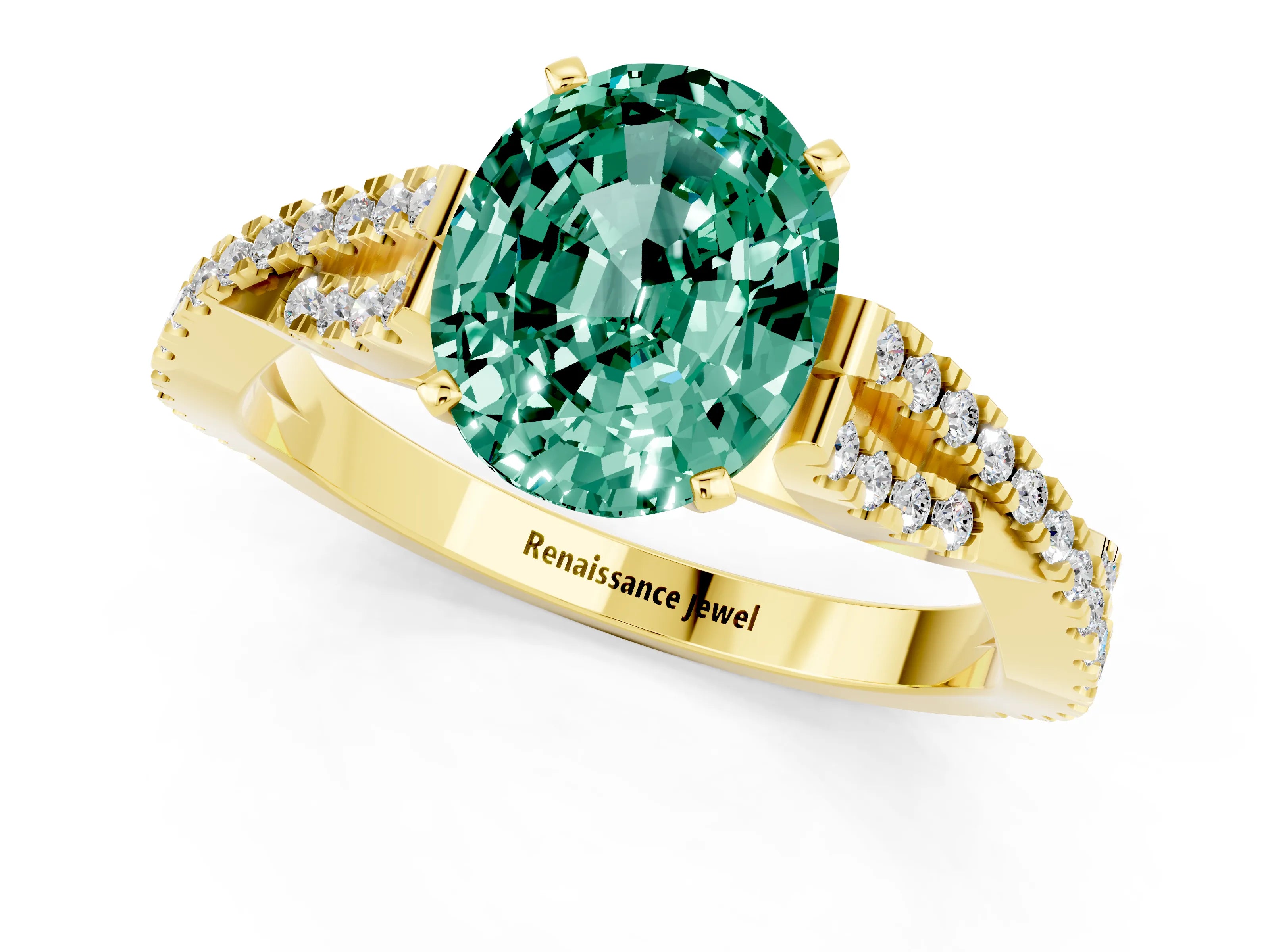 Yellow gold Oval Cut Green Sapphire Solitaire Engagement Ring with Twisted Pavé Band and Four-Prong Setting_1