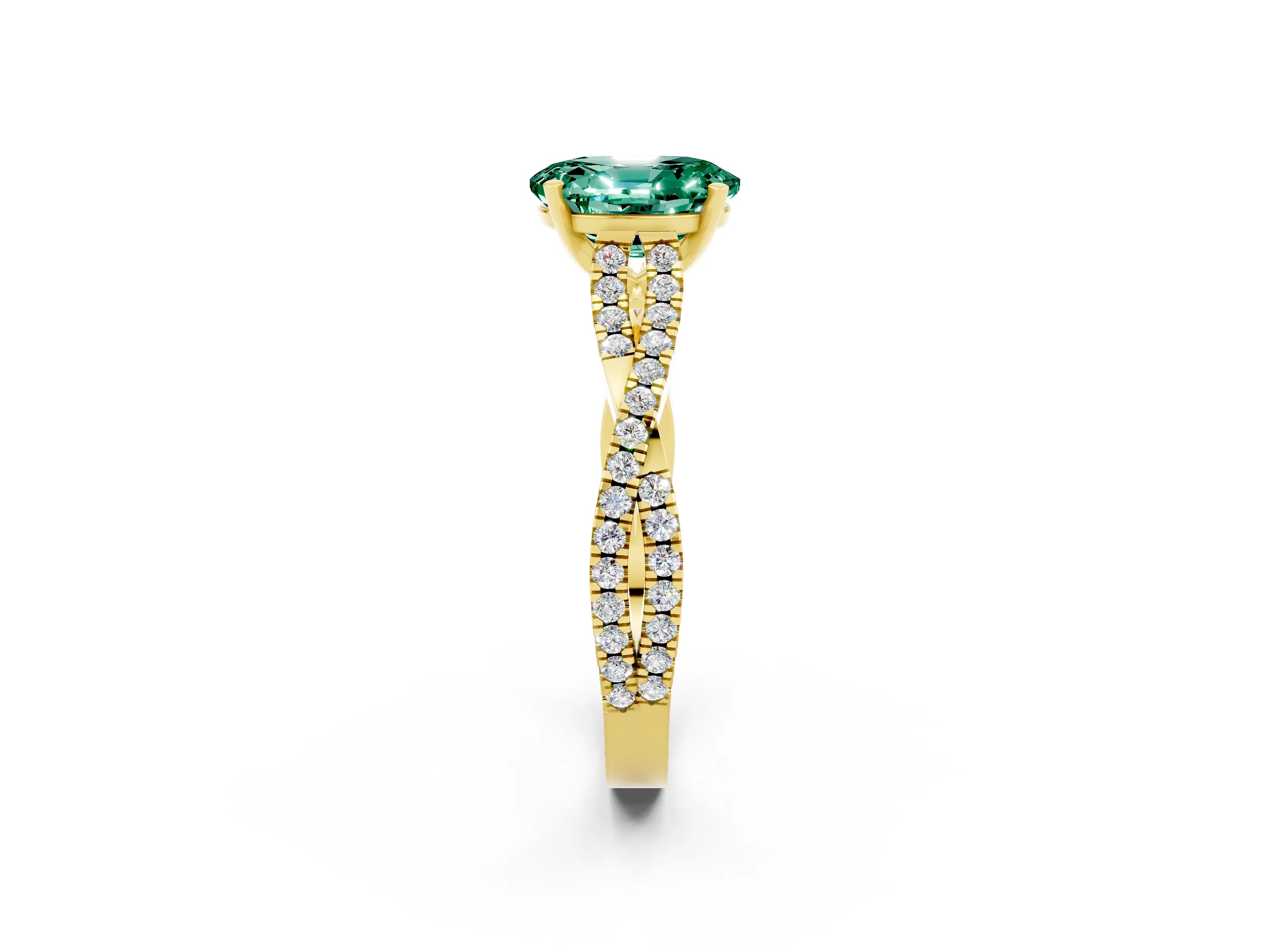 Yellow gold Oval Cut Green Sapphire Solitaire Engagement Ring with Twisted Pavé Band and Four-Prong Setting_2