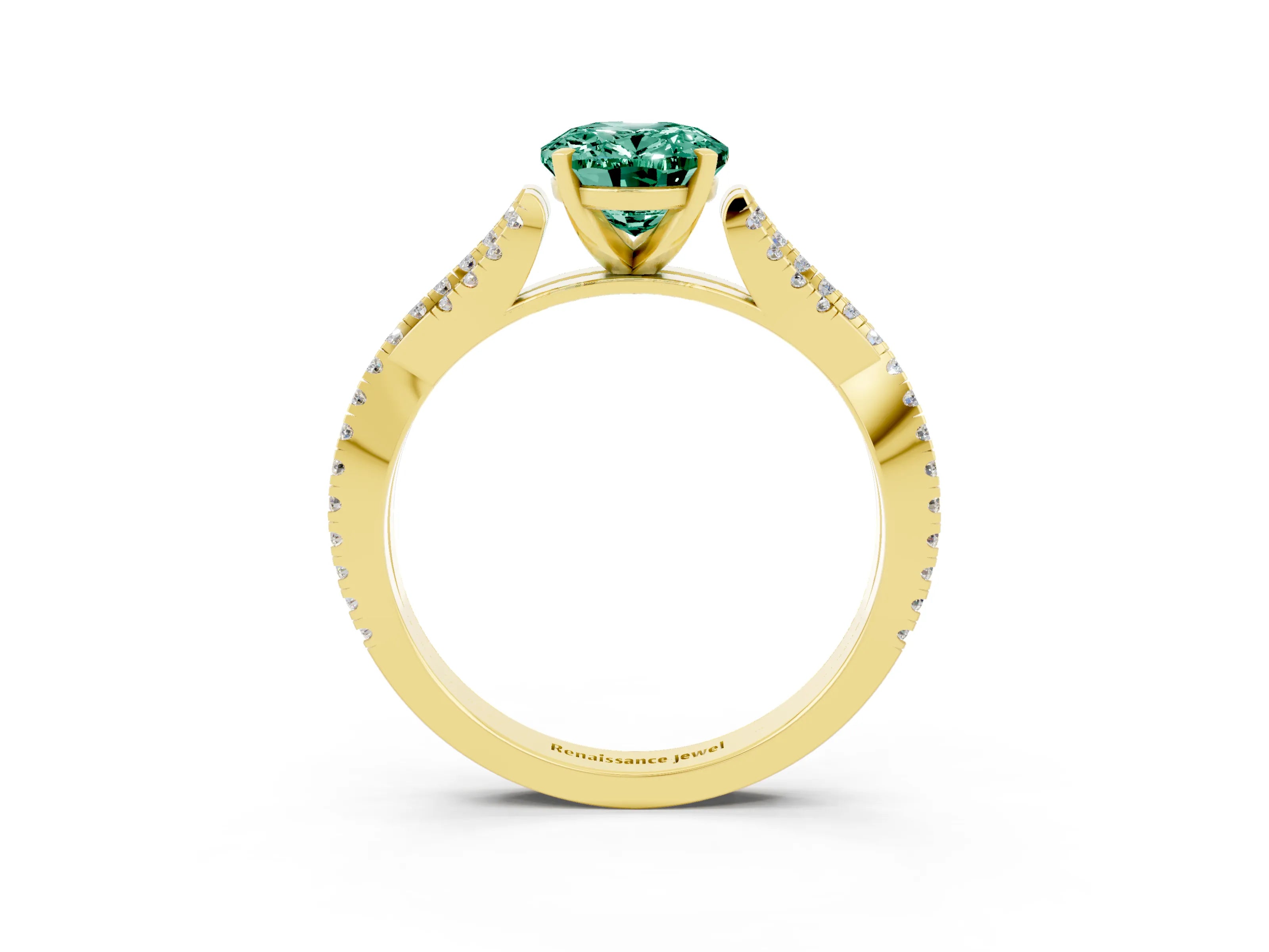 Yellow gold Oval Cut Green Sapphire Solitaire Engagement Ring with Twisted Pavé Band and Four-Prong Setting_3