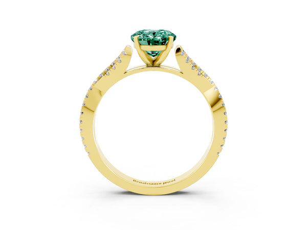 Yellow gold Oval Cut Green Sapphire Solitaire Engagement Ring with Twisted Pavé Band and Four-Prong Setting