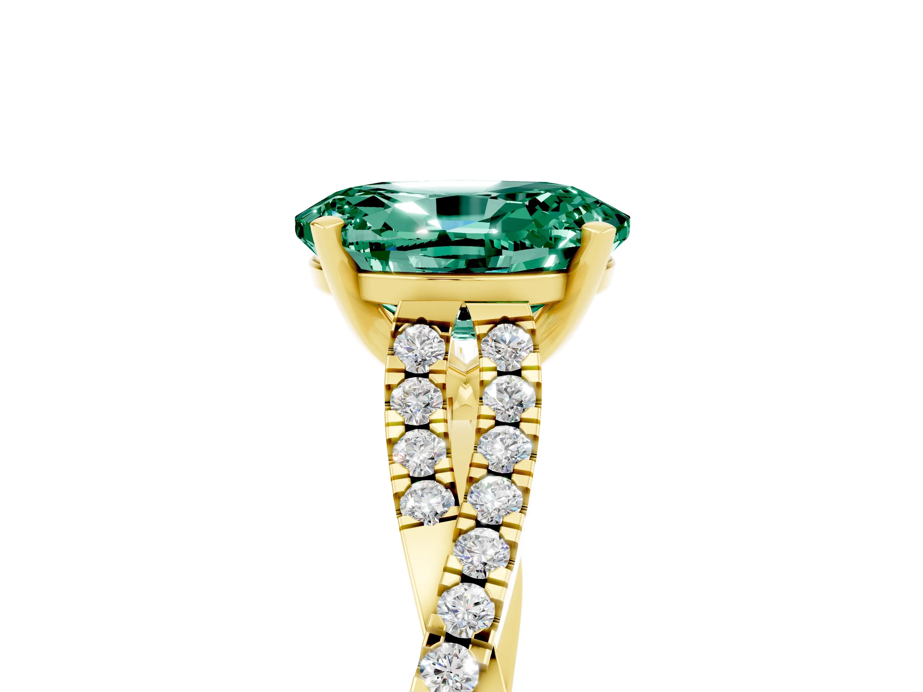 Yellow gold Oval Cut Green Sapphire Solitaire Engagement Ring with Twisted Pavé Band and Four-Prong Setting_5