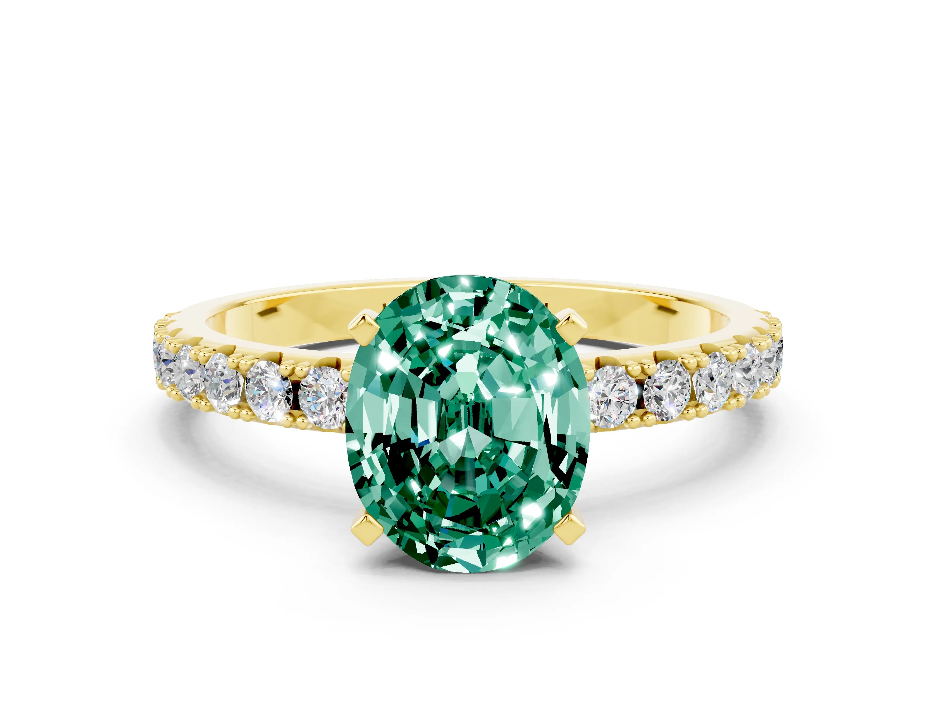 Yellow gold Oval Cut Green Sapphire Solitaire Pavé Band with Four-Prong Setting