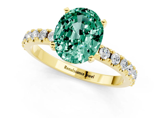 Yellow gold Oval Cut Green Sapphire Solitaire Pavé Band with Four-Prong Setting