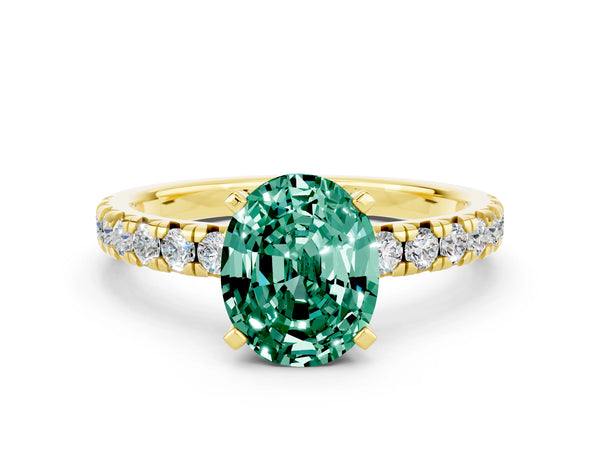 Yellow gold Oval Cut Green Sapphire Solitaire Pavé Engagement Ring with Round Band and Prong Setting
