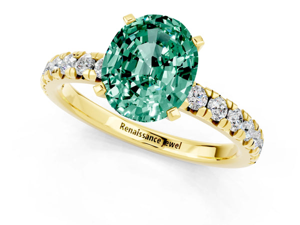 Yellow gold Oval Cut Green Sapphire Solitaire Pavé Engagement Ring with Round Band and Prong Setting