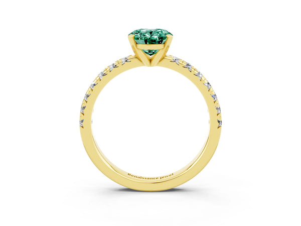 Yellow gold Oval Cut Green Sapphire Solitaire Pavé Engagement Ring with Round Band and Prong Setting