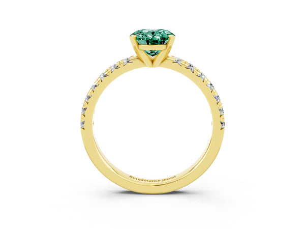 Yellow gold Oval Cut Green Sapphire Solitaire Pavé Engagement Ring with Round Band and Prong Setting