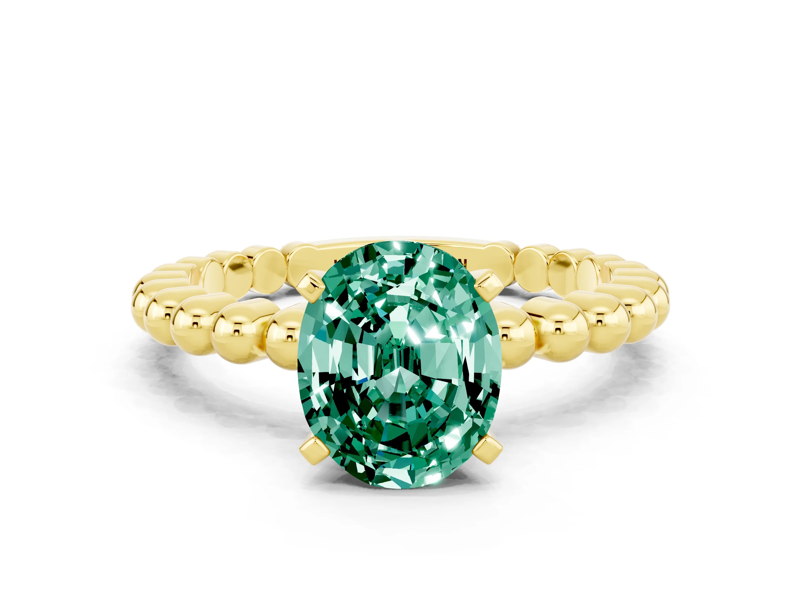 Yellow gold Oval Cut Green Sapphire Solitaire Ring with Beaded Band and Prong Setting