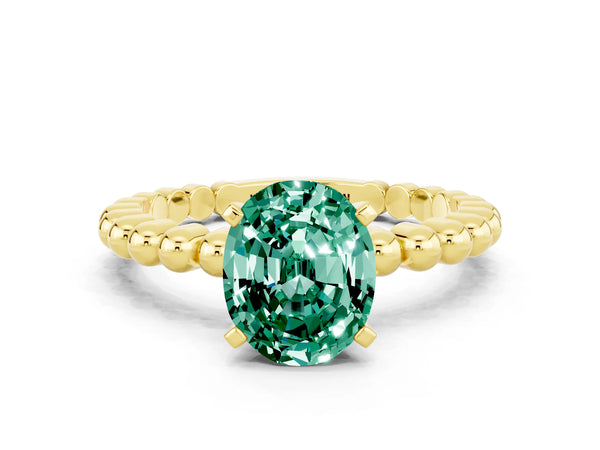 Yellow gold Oval Cut Green Sapphire Solitaire Ring with Beaded Band and Prong Setting