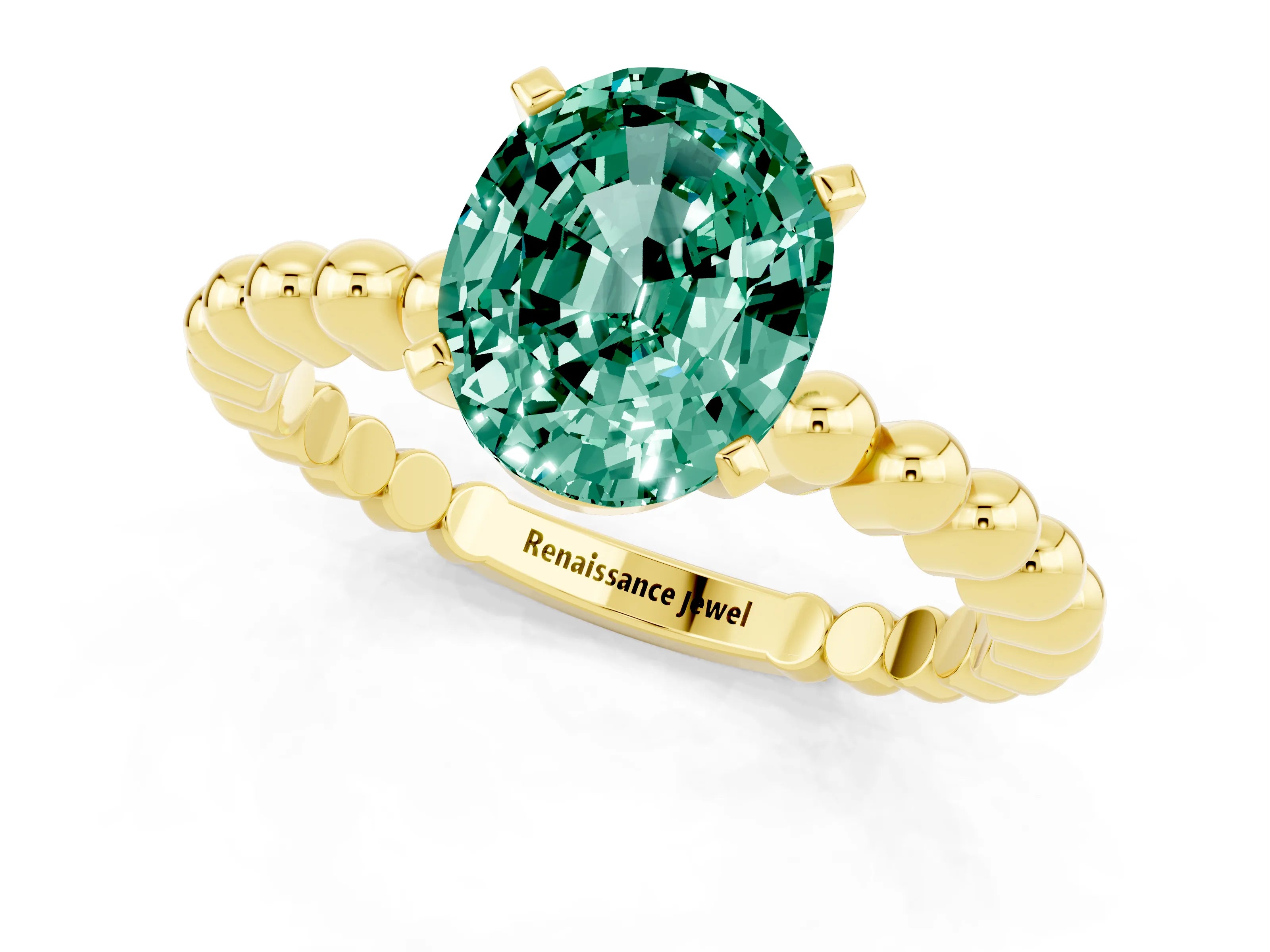 Yellow gold Oval Cut Green Sapphire Solitaire Ring with Beaded Band and Prong Setting_1