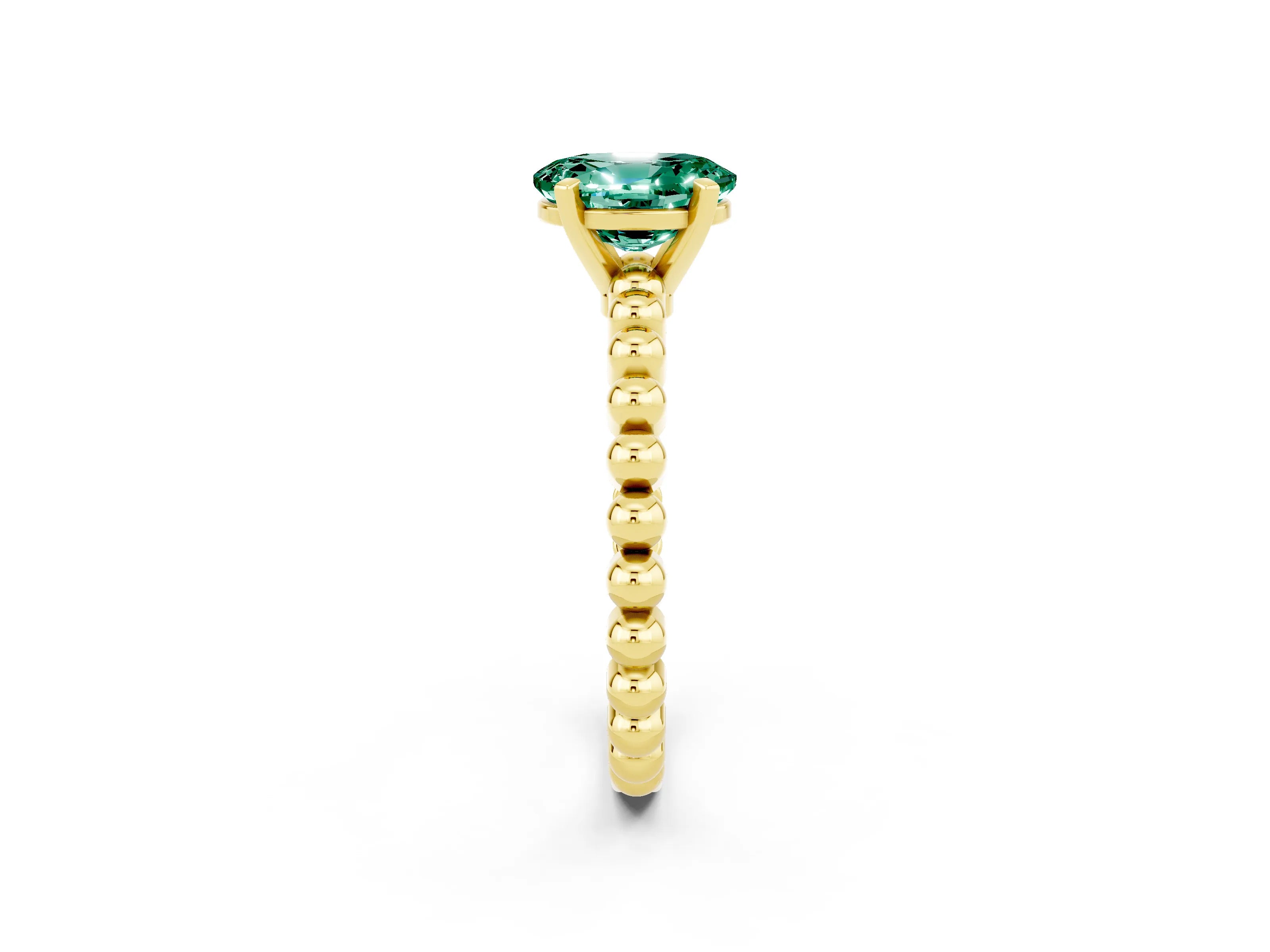 Yellow gold Oval Cut Green Sapphire Solitaire Ring with Beaded Band and Prong Setting_2