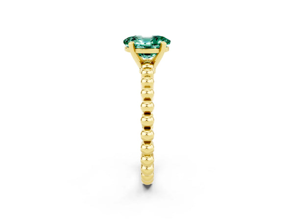 Yellow gold Oval Cut Green Sapphire Solitaire Ring with Beaded Band and Prong Setting