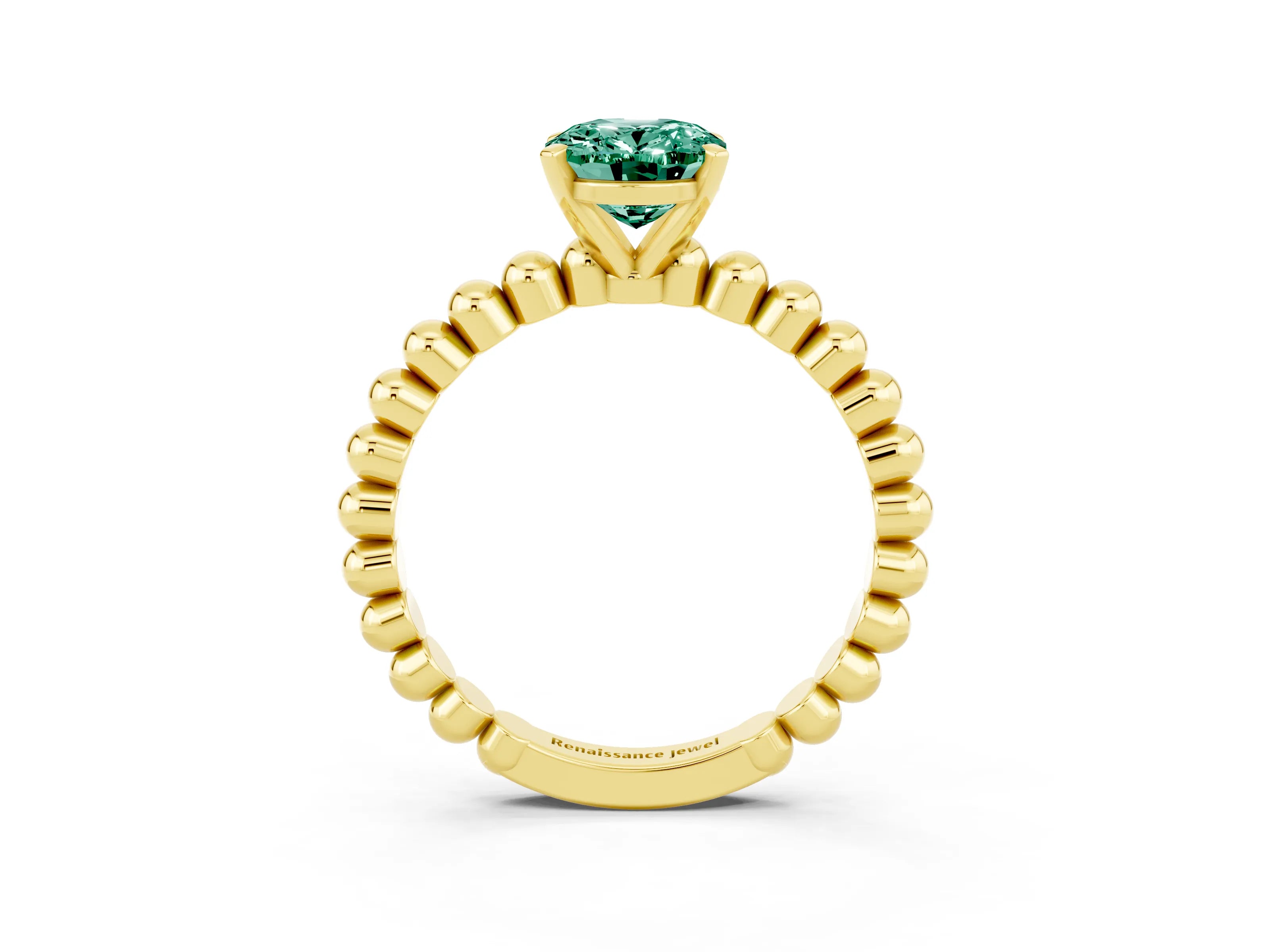 Yellow gold Oval Cut Green Sapphire Solitaire Ring with Beaded Band and Prong Setting_3