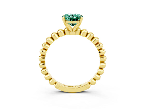 Yellow gold Oval Cut Green Sapphire Solitaire Ring with Beaded Band and Prong Setting