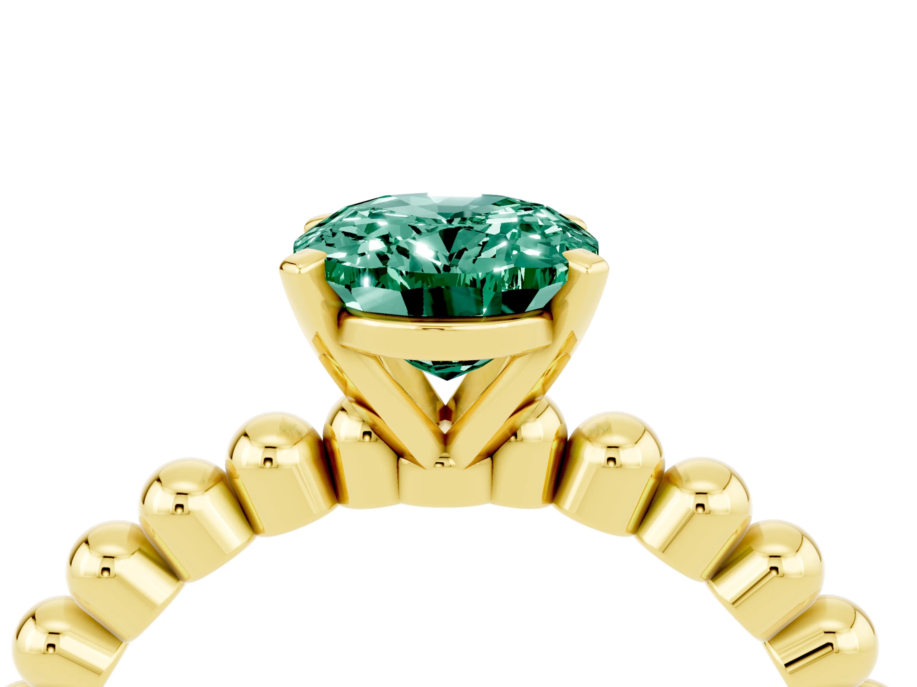 Yellow gold Oval Cut Green Sapphire Solitaire Ring with Beaded Band and Prong Setting_4