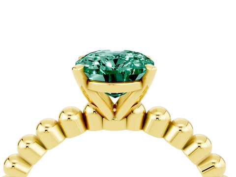 Yellow gold Oval Cut Green Sapphire Solitaire Ring with Beaded Band and Prong Setting_4